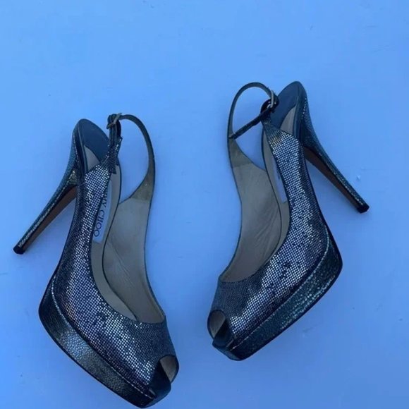 Jimmy Choo Shoes - Jimmy Choo Silver Metallic Nova Glitter Slingback Pumps Heels